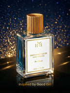 Perfume bottle labeled 'Midnight Muse' with gold cap on a dark background