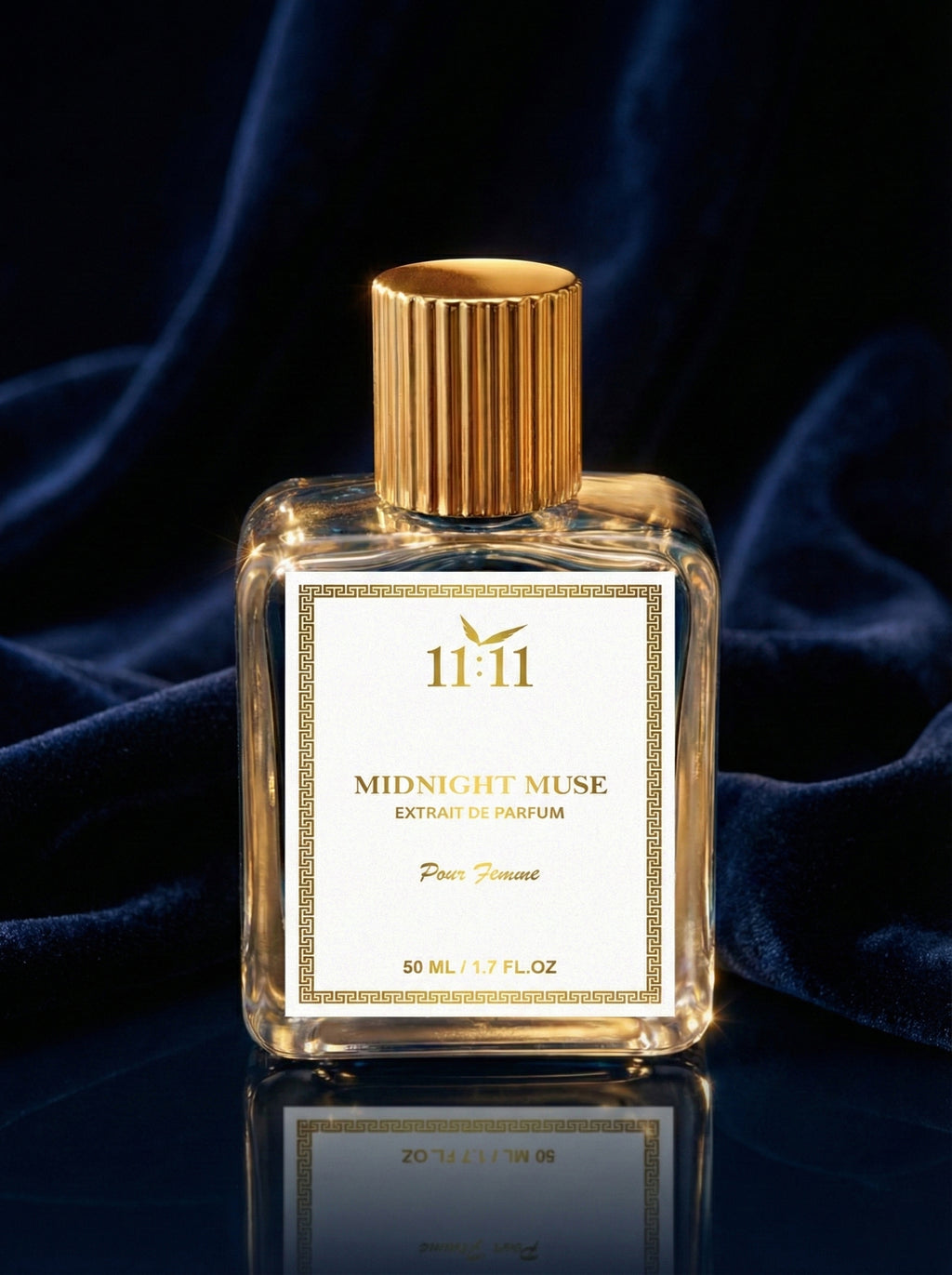 Perfume bottle labeled '11:11 Midnight Muse' with gold cap on a dark background