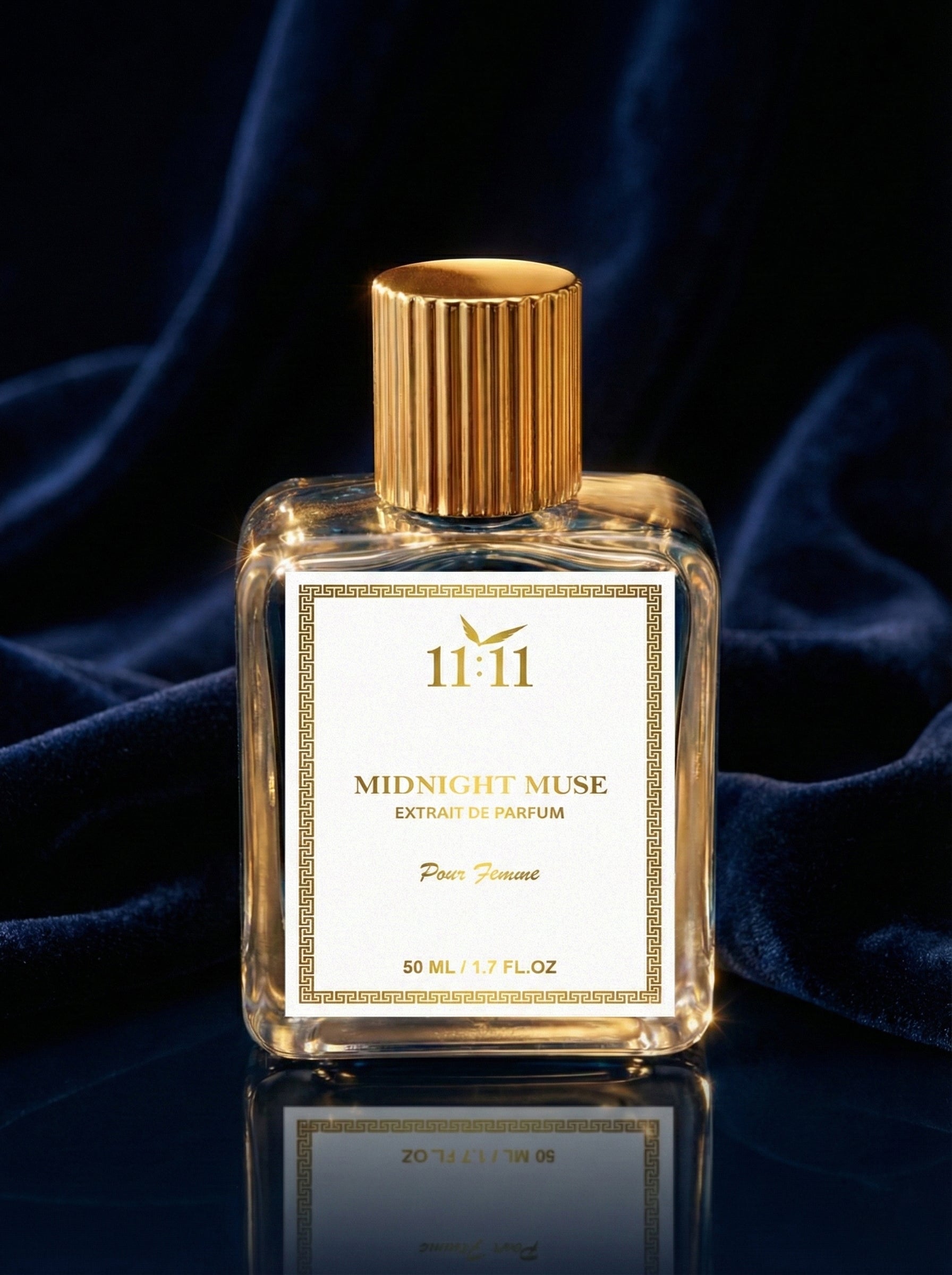 Perfume bottle labeled '11:11 Midnight Muse' with gold cap on a dark background