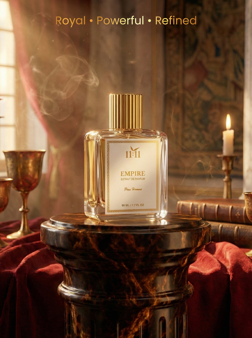 Perfume bottle labeled '11:11 Midnight Muse' with a gold cap against a blurred cityscape background.