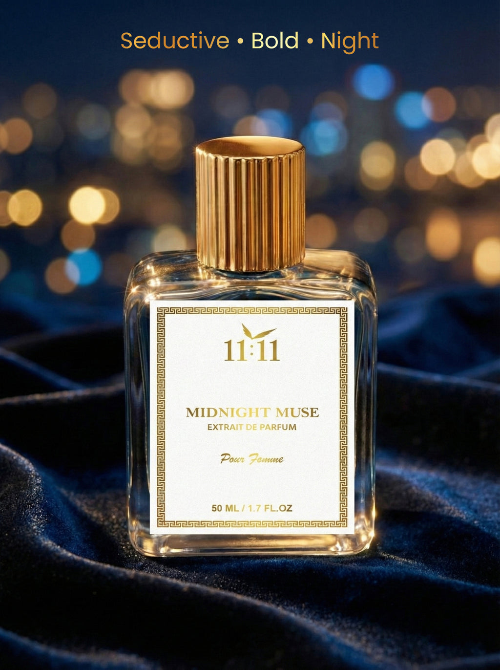 Perfume bottle labeled '11:11 Midnight Muse' with a gold cap against a blurred cityscape background.