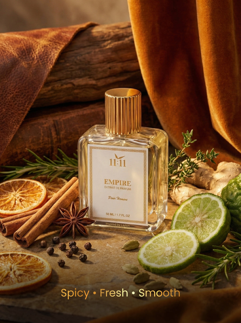 Perfume bottle with 'Sweet', 'Warm', and 'Sensual' text on a dark blue and white fabric background.