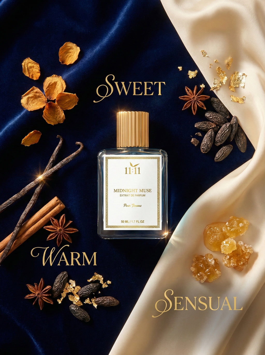 Perfume bottle with 'Sweet', 'Warm', and 'Sensual' text on a dark blue and white fabric background.