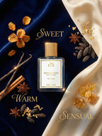 Perfume bottle with 'Sweet', 'Warm', and 'Sensual' text on a dark blue and white fabric background.