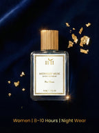 Perfume bottle labeled 'Midnight Muse' with gold accents on a dark background